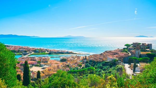 Castiglione della Pescaia, an ancient village and a view of the coast. Maremma, Tuscany,